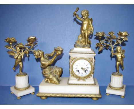 Antique three piece French clock garniture white marble with gilt ormolu figural decoration. Clock movement marked "Planchon"