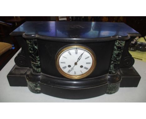 French slate & marble mantle clock with 8 day striking movement, key & pendulum included, 60cm wide, 26cm high approx.