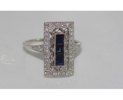 Art deco style 18ct gold, sapphire & diamond ring comprising 0.67ct sapphires, TDW=0.33ct, weight: approx 3.30 grams, size: P