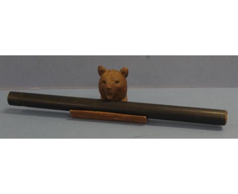 Vintage carved wood bear standish bear's head (marked Rigi) opens to inkwell, with trough to standish which includes of eboni