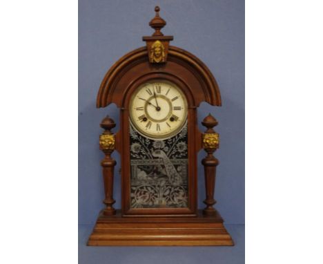 Antique Ansonia mantle clock with key & pendulum, 64cm high approx.