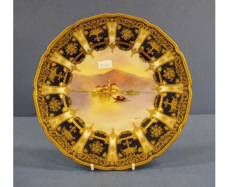 Royal Doulton signed cabinet plate Castle in the Lake, signed by R. Brown. Gilded decoration. Diameter 22cms approx.