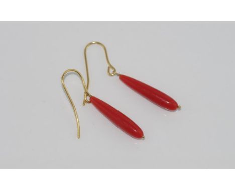 18ct yellow gold and red coral drop earrings
