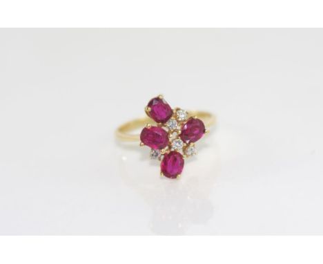 14ct yellow gold ring set with ruby & diamonds marked 14K tested as 14ct, weight: approx 2.7 grams, size: N-O/7