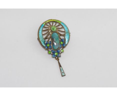 Art nouveau brooch with blue/green enamel set with opal and green stone