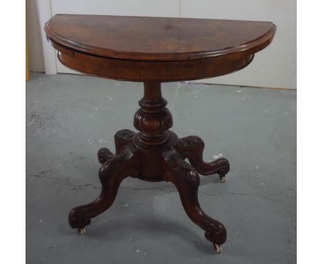 Victorian walnut demilune card table with fold over swivel top, 91cm wide, 73cm high