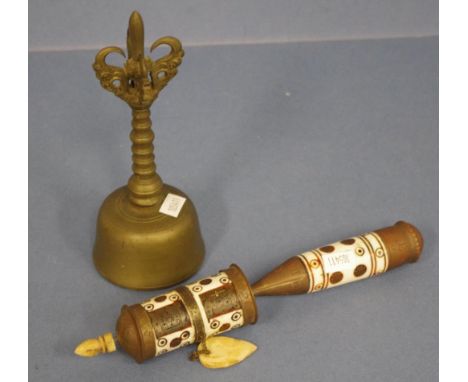 Tibetan brass bell together with brass & ceramic prayer wheel. H18cms approx. (bell).