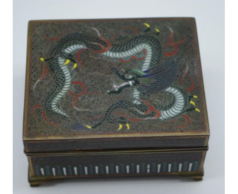 Good Japanese cloisonne enamel box with outside of lid depicting a dragon and gilt interior, 9.4cm x 7.8cm, 4.8cm high