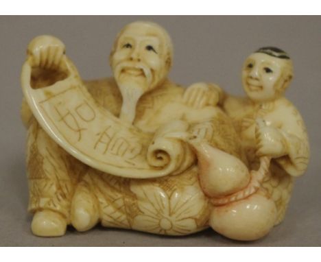 Antique Japanese sage & student ivory netsuke C1920. Signed to base. May not be exported without CITES documentation. LH3cms 