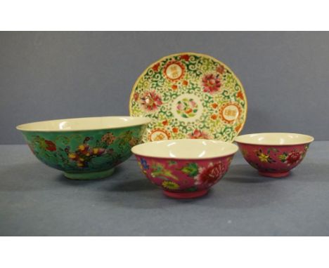 Three various Chinese ceramic bowls each with character marks to base (largest as inspected); together with an oriental plate