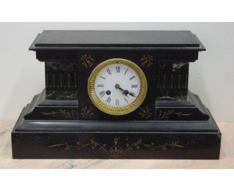 Antique French mantle clock with 8 day striking movement (bell) in slate and marble case, pendulum included, 43cm wide, 24cm 