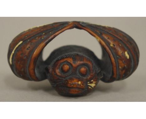 Antique Japanese bat stained ivory netsuke C1920. May not be exported without CITES documentation. H3cms approx.