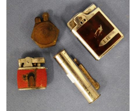 Four vintage cigarette lighters including Ronson "Essex"; cylindrical, with Australian threepence coins decoration to either 