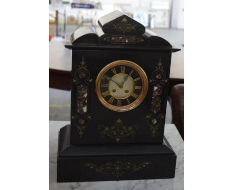 Antique French mantle clock with 8 day striking movement in slate and marble case, 34cm wide, 47cm high, key and pendulum inc