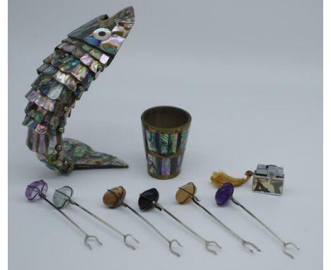 Abalone shell covered reticulated fish 20cm long, an abalone shell covered cup, 6 stone set forks and a Squirrel brand miniat