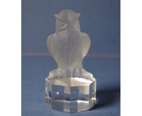 Goebel glass bird figure frosted glass owl, on clear glass base. Marked to base. Height 10cms approx.