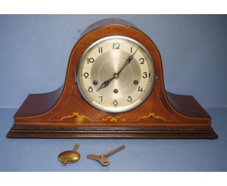 Art deco Napoleon hat mantle clock with inlaid case and Westminster chimes striking movement, key and pendulum included, 47cm