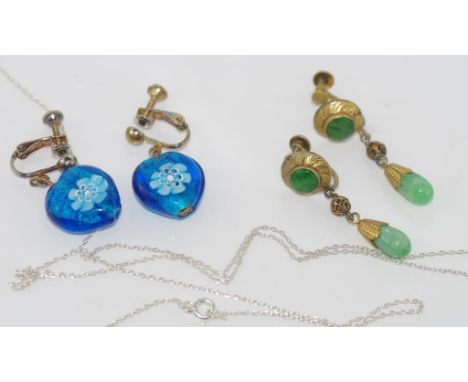 Vintage screw-on jade earrings together with another pair of clip-on glas earrings and a long silver chain
