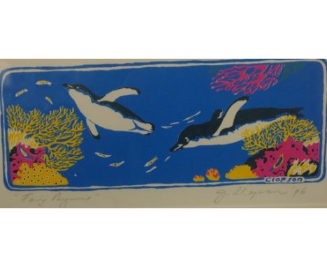 G.Clapson "fairy penguins" limited edition print signed lower right below image, 28cm X 44cm in frame.  Kangaroo Island artis