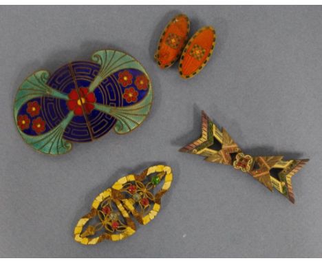Vintage art nouveau enamel buckle together with 3 other vintage buckles.