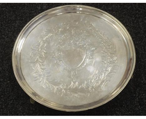 George III sterling small silver salver Dublin 1794, maker Thomas Jones. Engraved decoration, tri-footed. Diameter 20cms appr