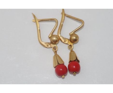 18ct yellow gold and red coral drop earrings weight: approx 3.2 grams (unmarked but tested)