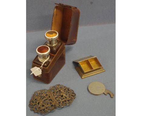 Cased pair lady's perfume bottles in leather case, with 2 graduated perfume bottles, with enamel decorated lids (1 as inspect