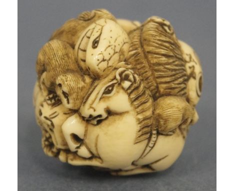 Antique Japanese ivory various animal ball netsuke C:1900, signed, D3.5cm approx, May not be exported without CITES documenta