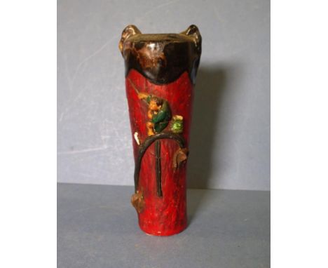 Japanese Sumida Gawa ceramic vase decorated  with applied figure of a fisherman, on red ground. Height 21.5cms approx.