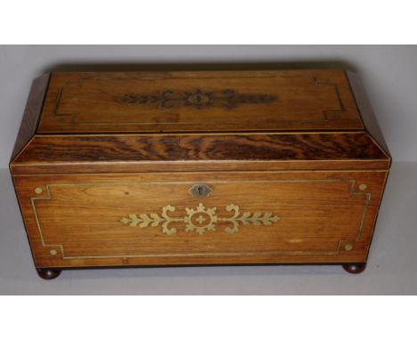 Regency rosewood tea caddy with brass inlay, lion ring handles, 3 section interior and brass barrel canisters, 35cm wide, 16.