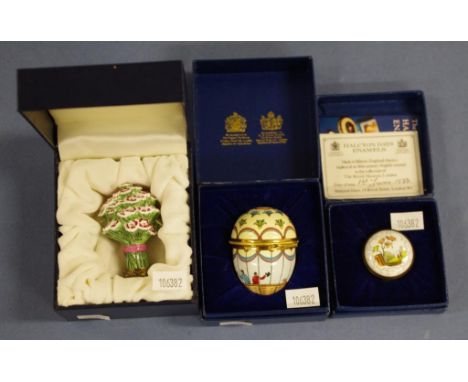 Two Halcyon Days enamel boxes & a seal all in original boxes