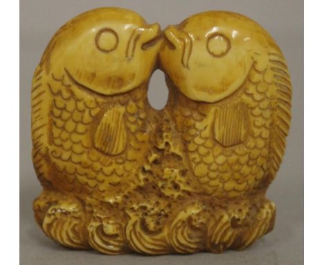 Antique Japanese twin carp ivory netsuke C1920, signed to base May not be exported without CITES documentation. H4cms approx.