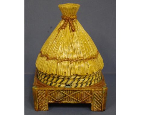 Rare Victorian George Jones majolica cheese keeper cover of thatched hut beehive design, on square stand. Registered number s