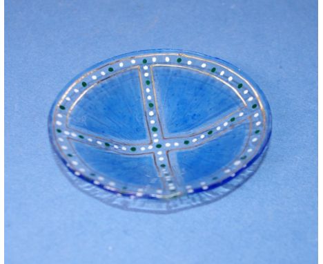 Peter Crisp glass dish cross pattern enamel decoration with gilt highlights to border. Signed to base.  Diameter 10cms approx