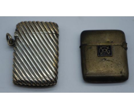 Victorian sterling silver vesta case hallmarked Birmingham 1892 (Deakin & Francis) and another vesta case with enamel monogra