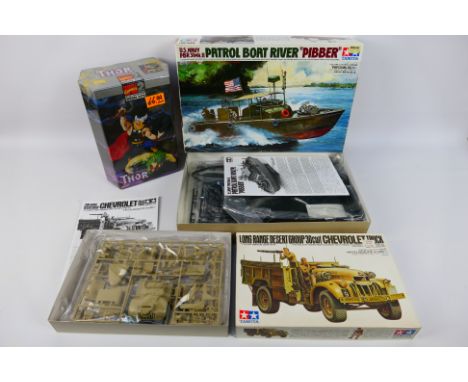 Tamiya - Toy Biz - Three boxed plastic model kits in various scales. Lot consists of Tamiya #35092 1:35 scale Long Range Dese