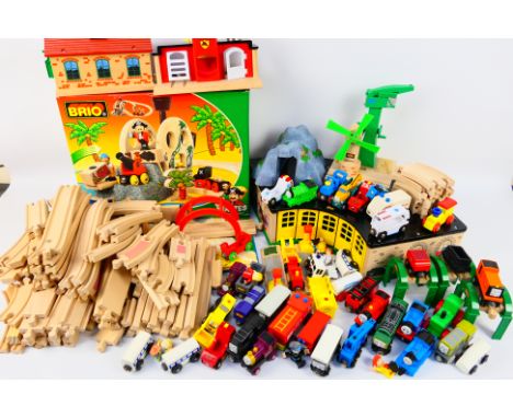 Brio - A boxed Brio Pirate Train set with a large plastic tub of Brio wooden train toys and accessories including Thomas the 