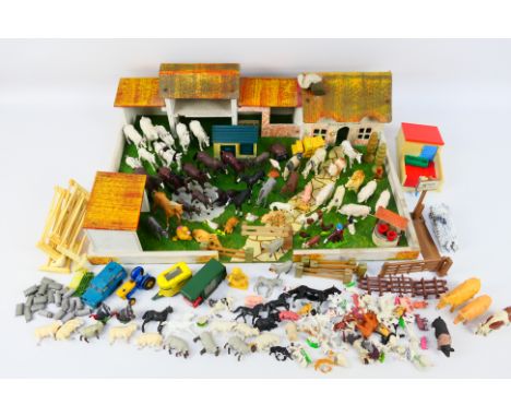 Britains - Matchbox - Other - A vintage children's wooden toy farm with a large quantity of unboxed mainly Britains plus some