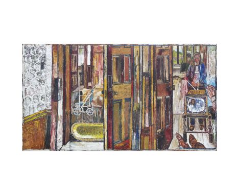 [§] JOHN BRATBY R.A. (BRITISH 1928-1992)    WATCHING TV    Signed and dated 'May '58', oil on panel    203cm x 366cm (80in x 