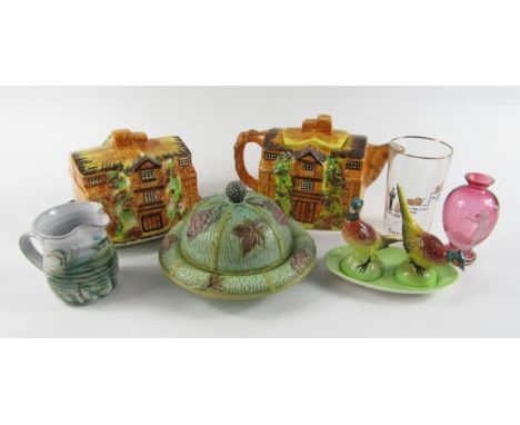 An Arthur Wood cottage ware pottery teapot, cheese dish and cover, Carltonware pheasants condiment set, Mary Gregory cranberr