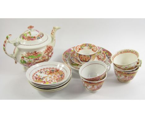 A group of Hilditch early 19thC Porcelain tea ware, with polychrome chinoiserie decoration, comprising teapot, saucer dish, s