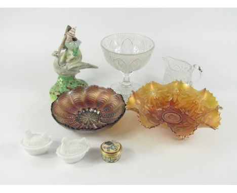 A Victorian pressed glass pedestal strawberry dish and cream jug, two Carnival glass bowls, pair of pressed glass chickens on