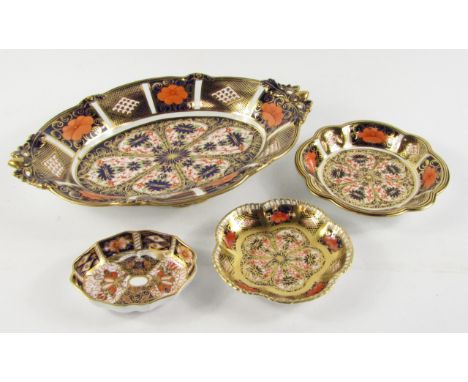 Two Royal Crown Derby Old Imari trinket dishes, pattern No 1128, an oval dessert dish with acorn handle, and an Imari spoon d