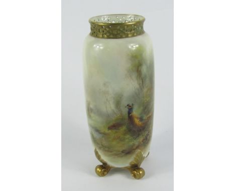 A Royal Worcester porcelain vase painted by James Stinton with pheasants, c.1919, of cylindrical form beneath a reticulated r