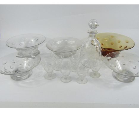 A Webb cut glass dimpled spirit decanter and stopper, and six glasses, four similar bowls and an amber glass frosted bowl, (1