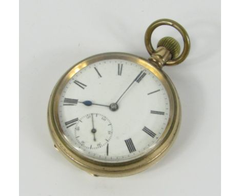 A gentleman's gold plated open faced keyless wind pocket watch, enamel dial bearing Roman numerals, subsidiary seconds dial.