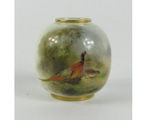 A Royal Worcester porcelain vase painted by James Stinton with pheasants, c.1930, of globular form, signed, no. 2491, printed