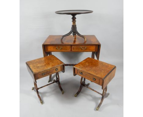 A burr walnut sofa table, with line inlay and two frieze drawers, raised on lyre end supports and outswept legs, brass capped