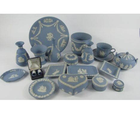 Wedgwood light blue Jasperware including vases, boxes and covers, tea wares and dishes, (a quantity).