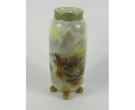 A Royal Worcester porcelain vase painted by Harry Stinton with Highland cattle, c. 1909, of cylindrical form beneath a reticu